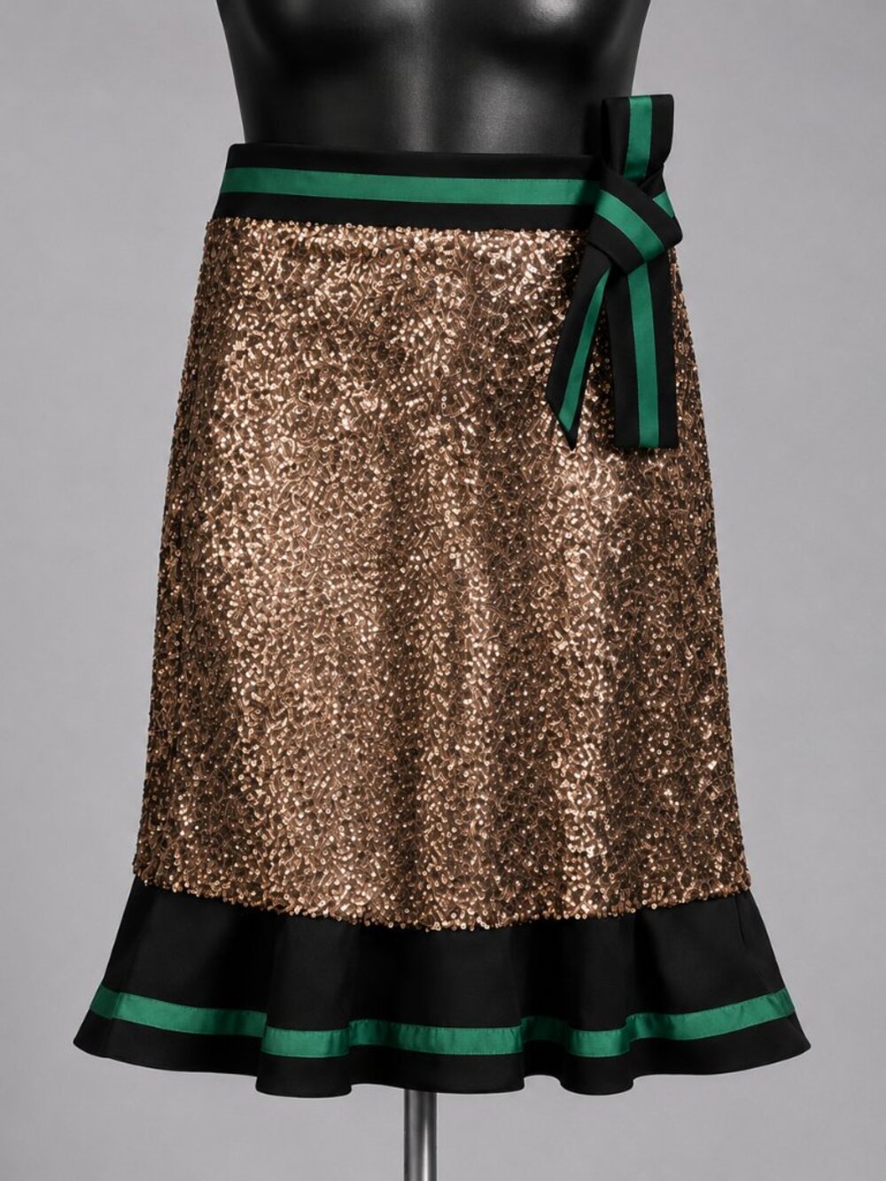 ELOQUII NWT Bronze Sequin Flounce Skirt 16 Green Ribbon Bow Trim Party